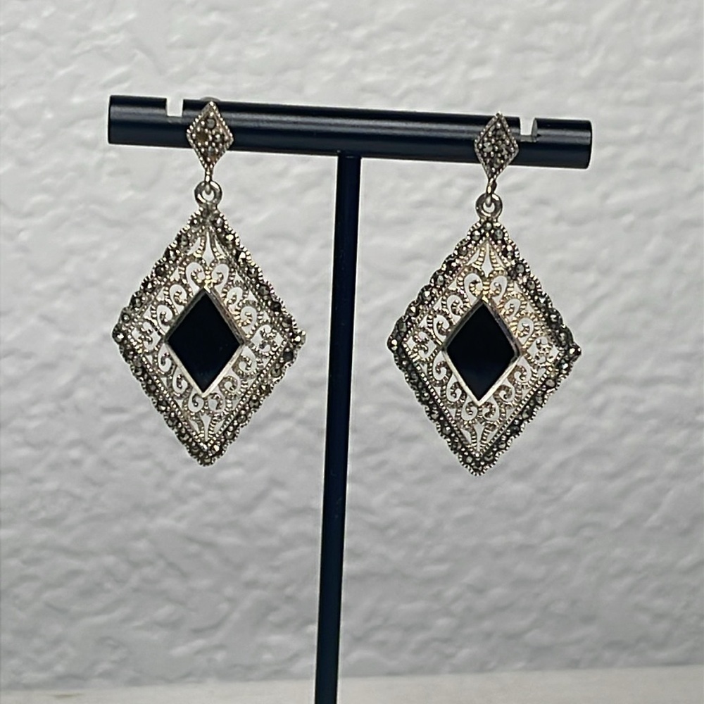 Vintage Sterling Silver Marcasite Black Onyx Filigree Dangle Earrings